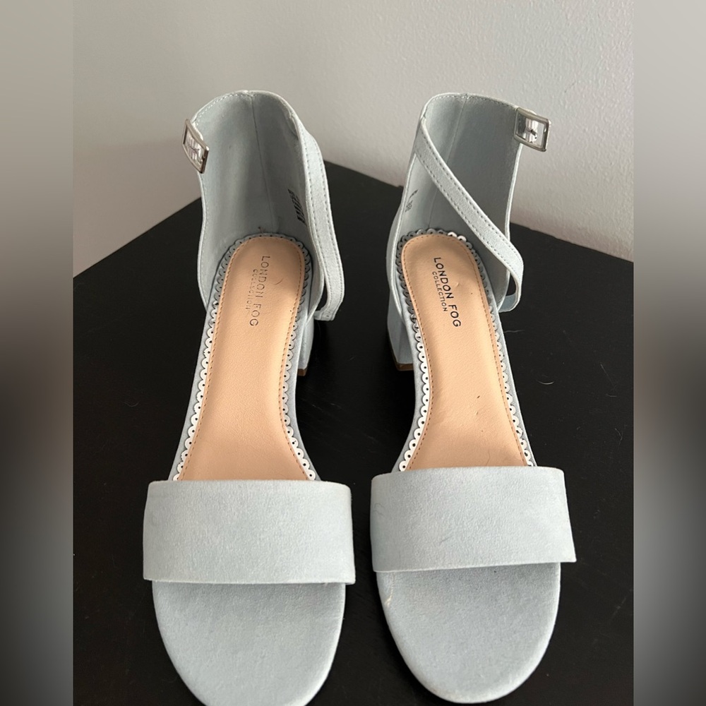 Blue, low block heels.